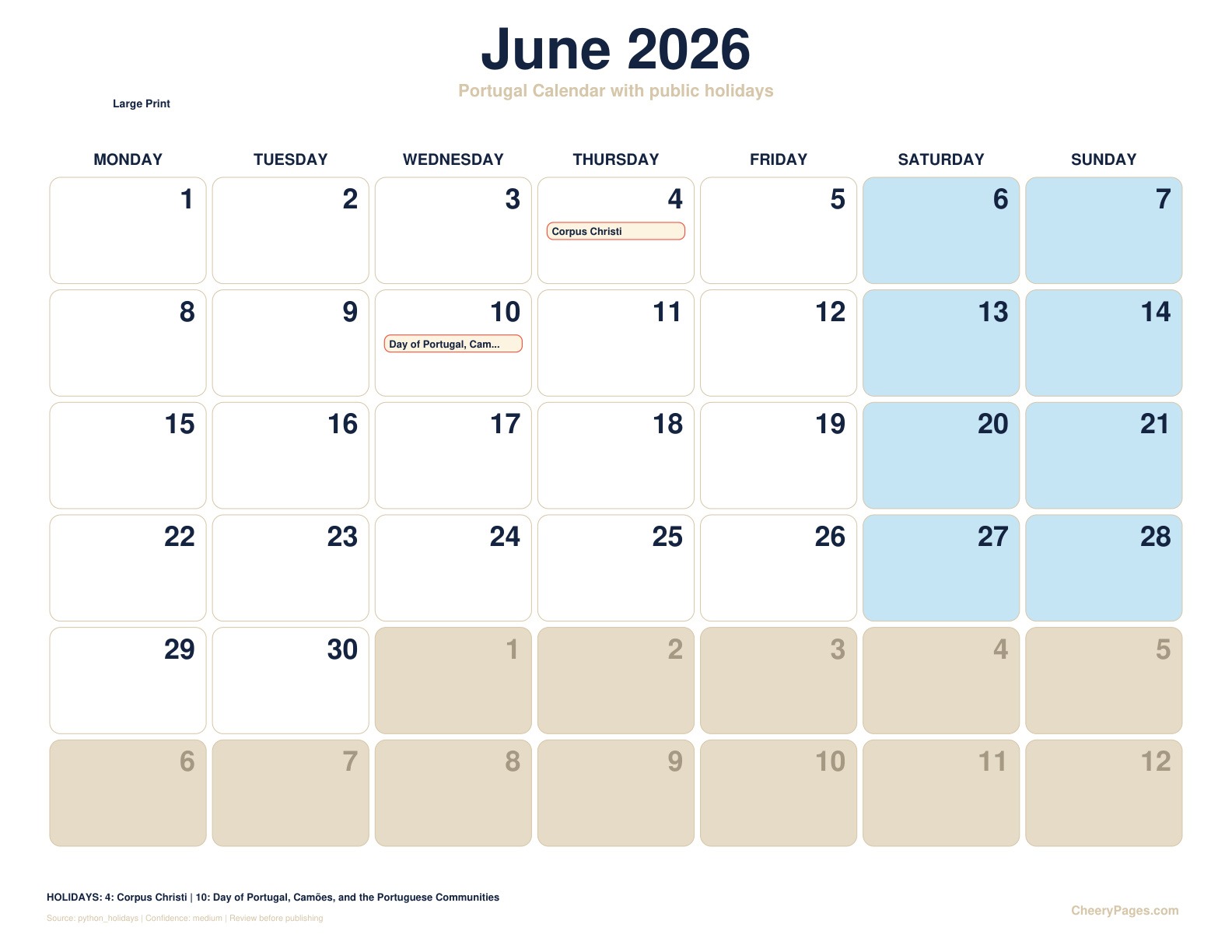 Portugal June 2026 Calendar - Large Print printable preview