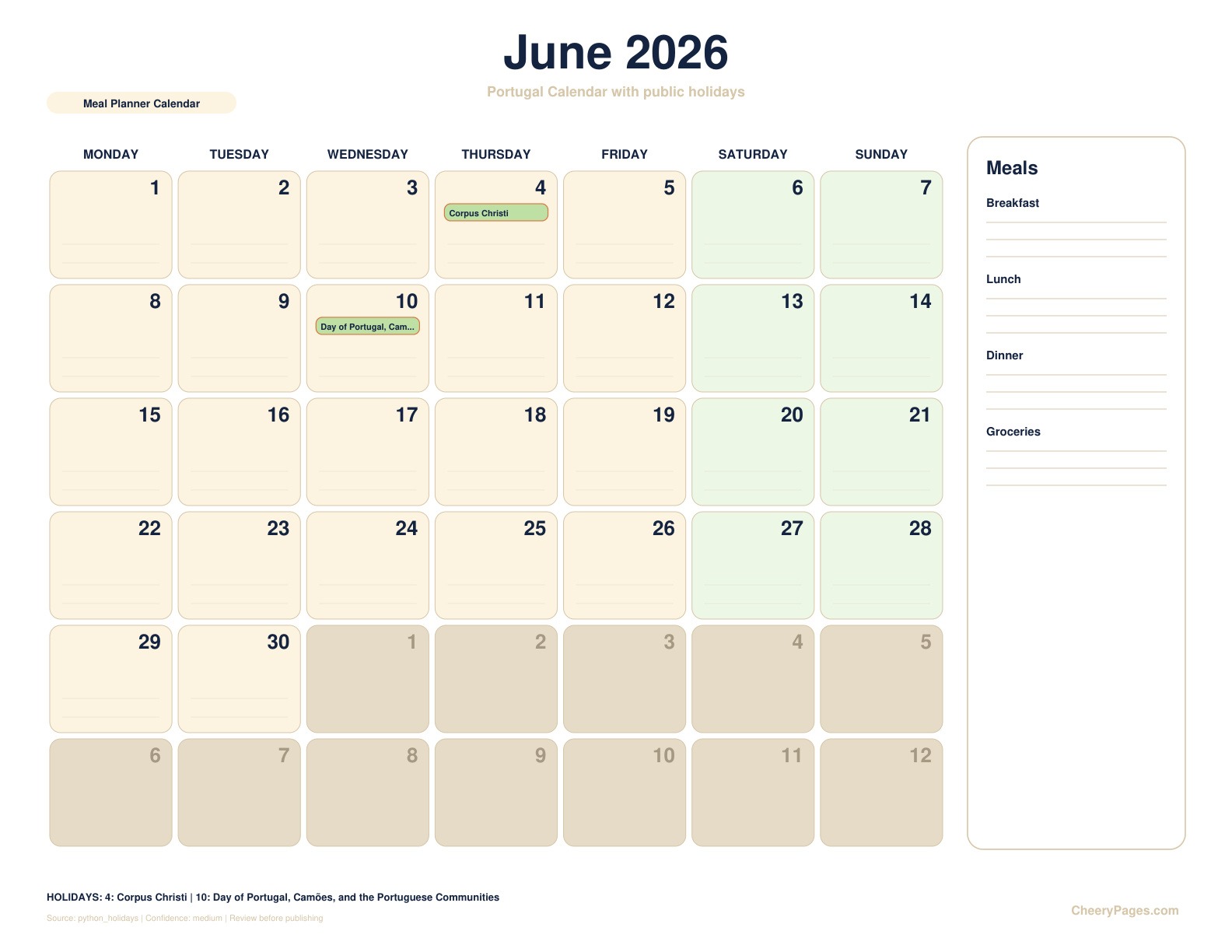 Portugal June 2026 Calendar - Meal Planner Calendar printable preview