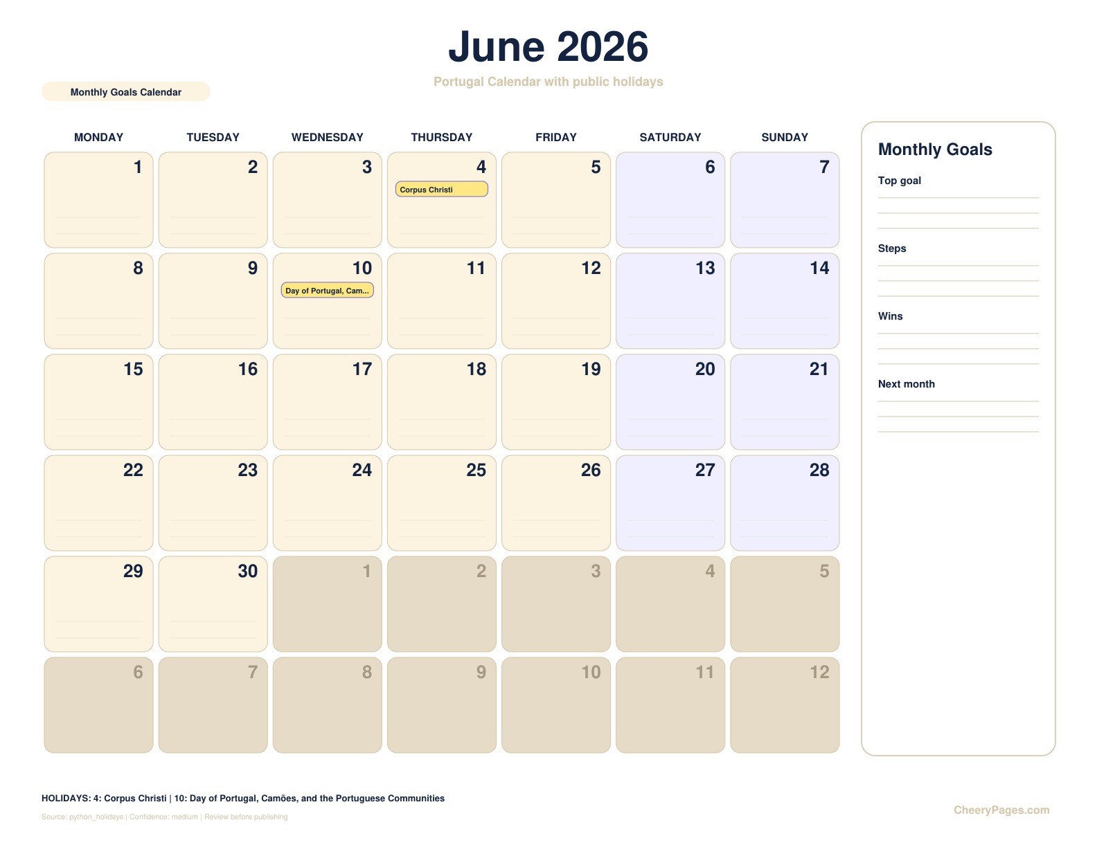 Portugal June 2026 Calendar - Monthly Goals Calendar printable preview