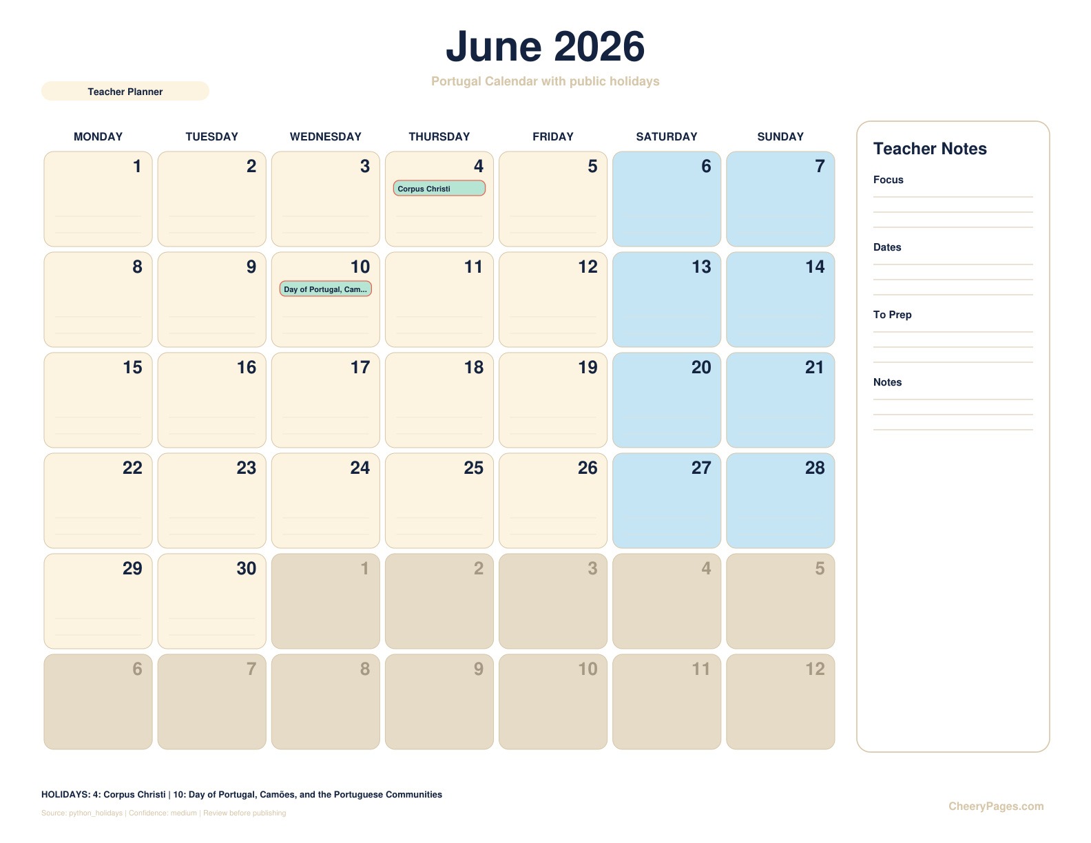 Portugal June 2026 Calendar - Teacher Planner printable preview