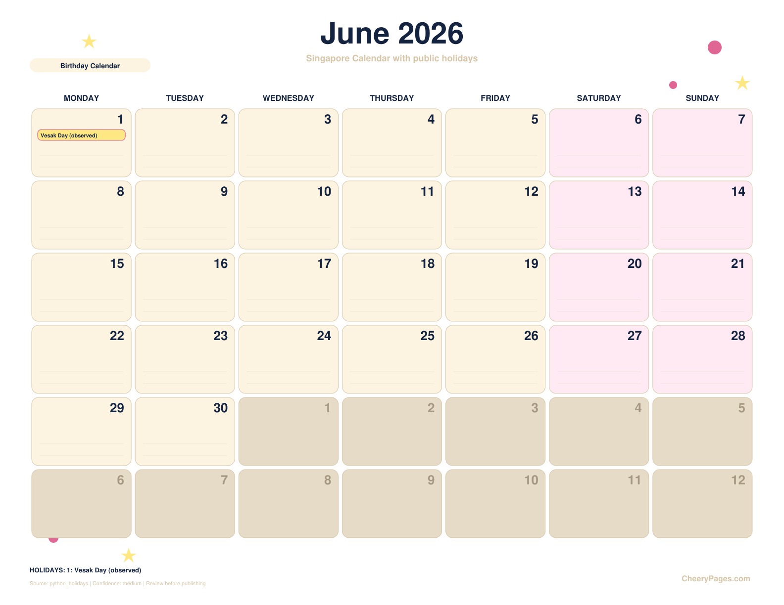 Singapore June 2026 Calendar - Birthday Calendar printable preview