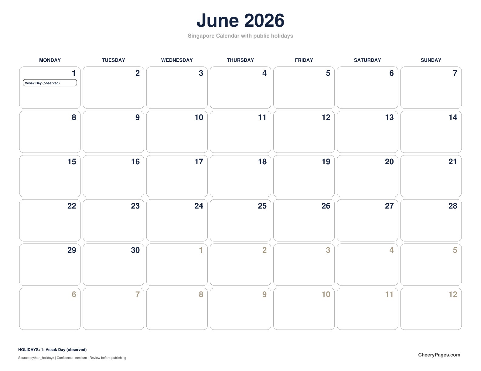 Singapore June 2026 Calendar - Black and White Ink Saver printable preview
