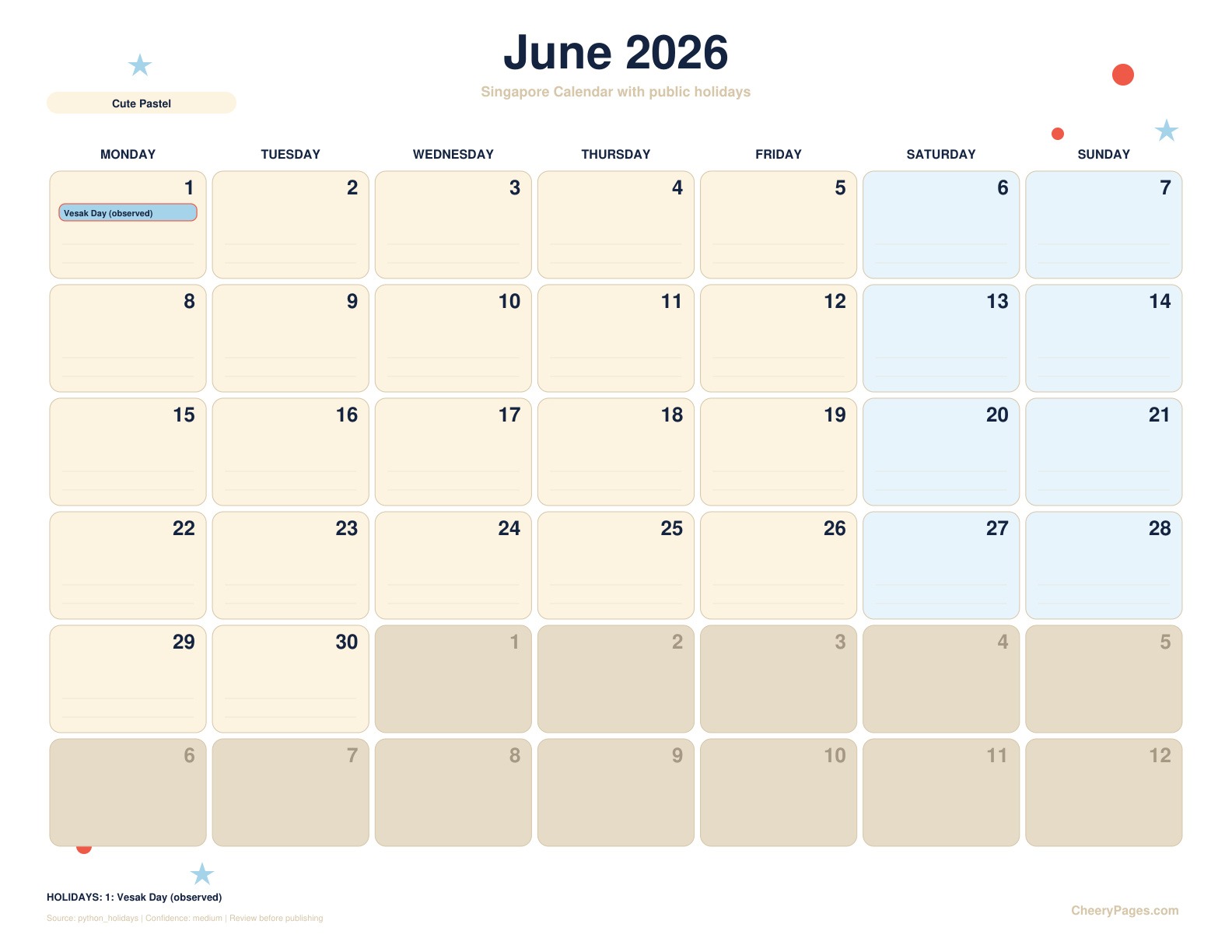 Singapore June 2026 Calendar - Cute Pastel printable preview