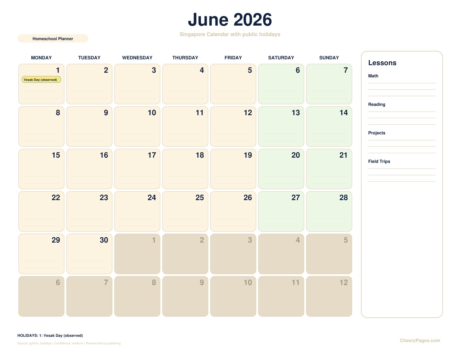 Singapore June 2026 Calendar - Homeschool Planner printable preview