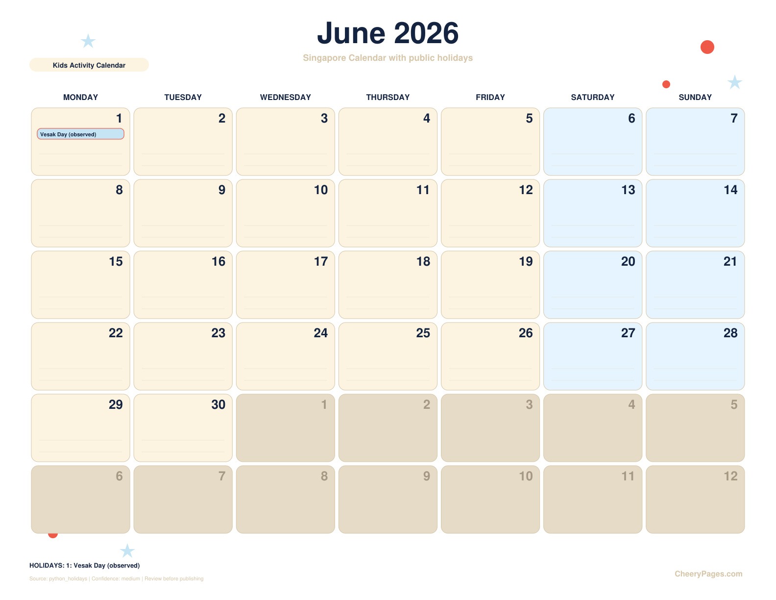 Singapore June 2026 Calendar - Kids Activity Calendar printable preview