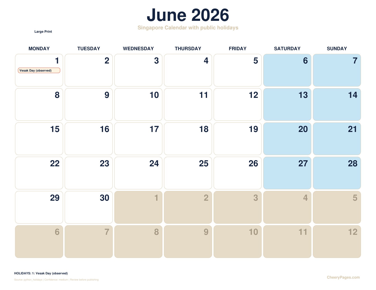 Singapore June 2026 Calendar - Large Print printable preview