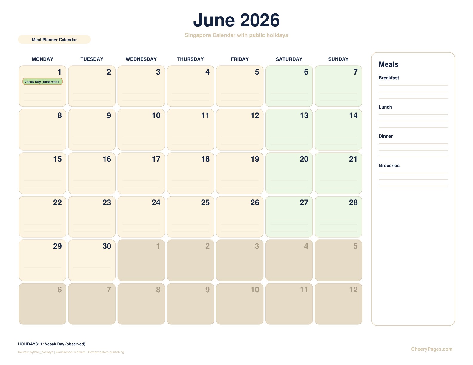 Singapore June 2026 Calendar - Meal Planner Calendar printable preview