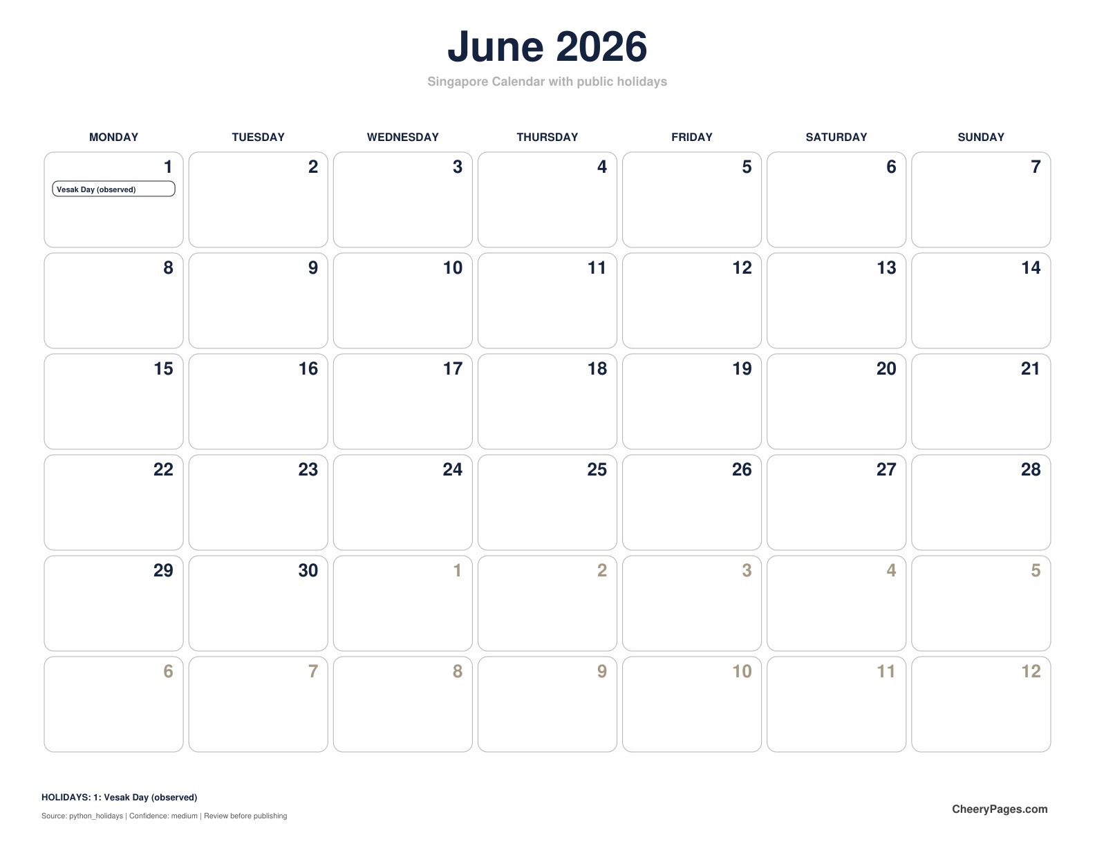 Singapore June 2026 Calendar - Minimal Ink printable preview