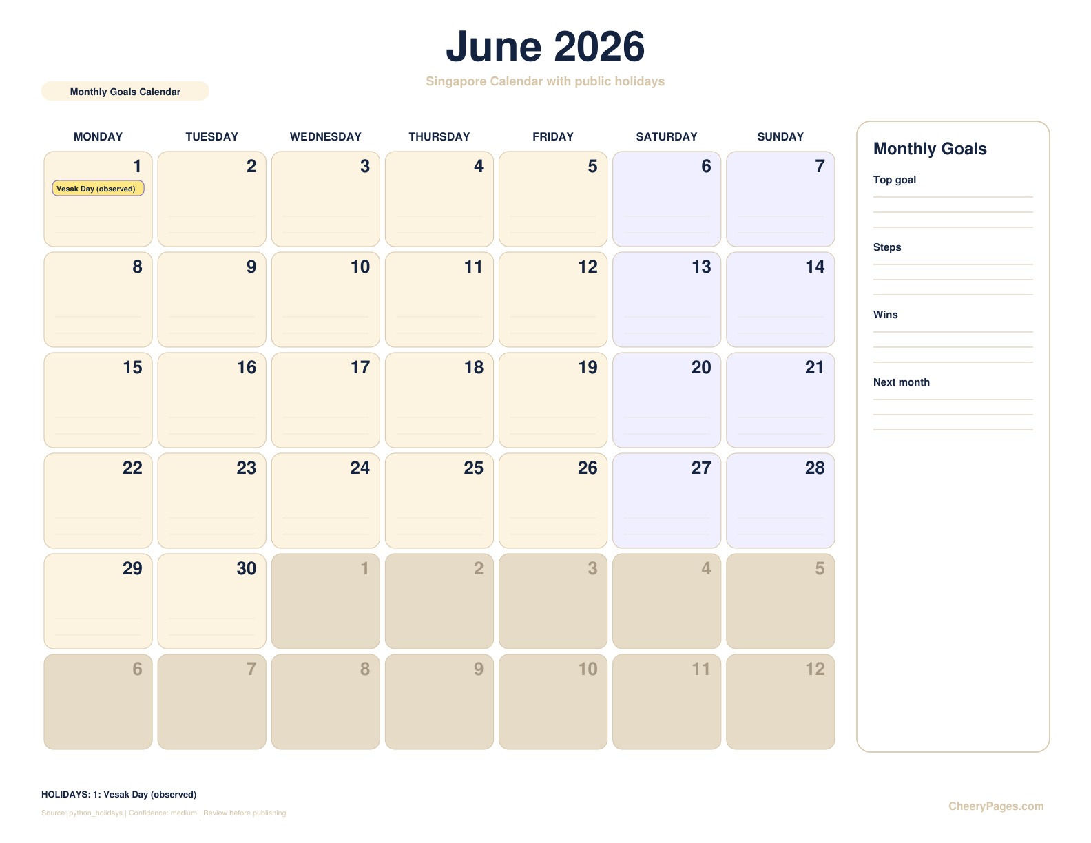 Singapore June 2026 Calendar - Monthly Goals Calendar printable preview