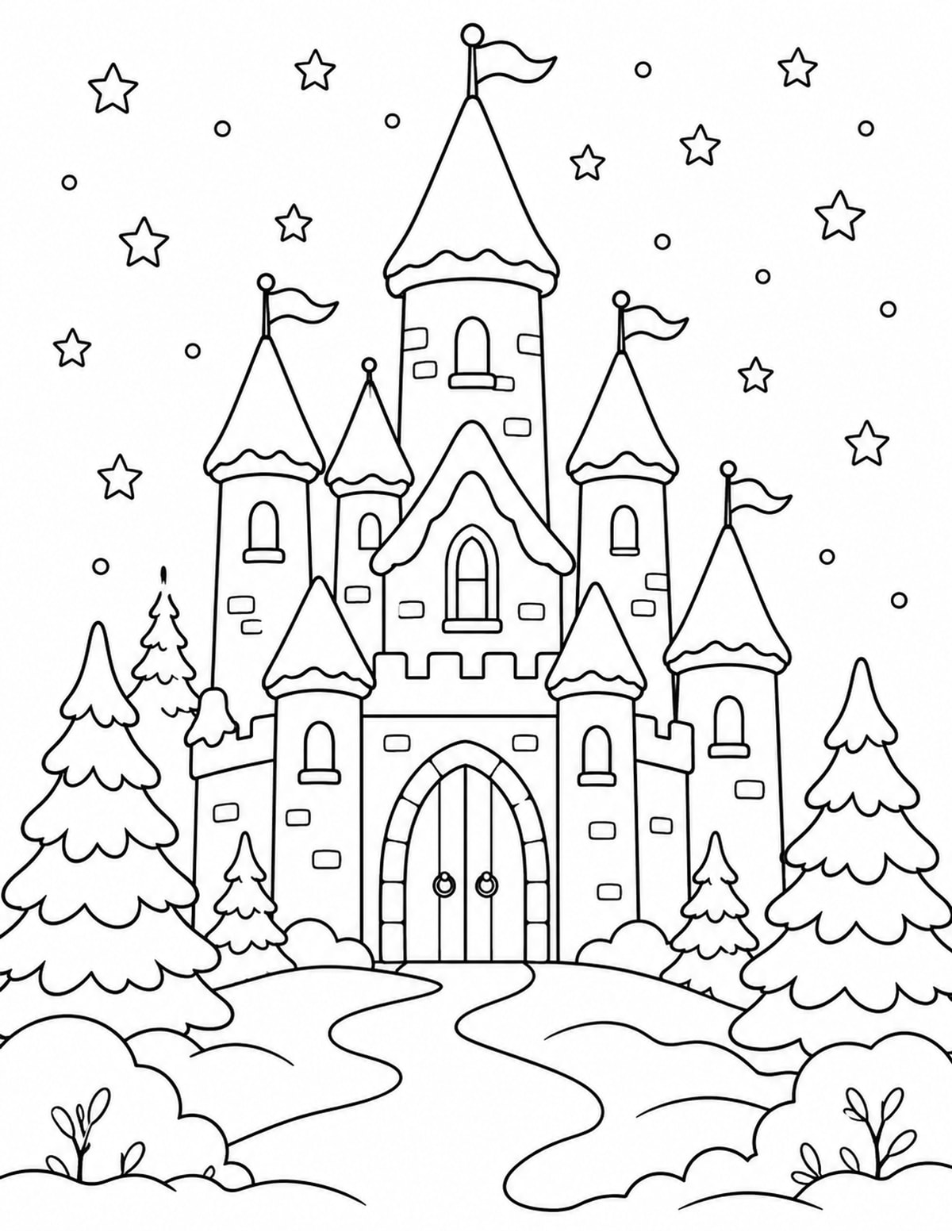 Snowy Fairy Tale Castle with Pine Trees printable preview