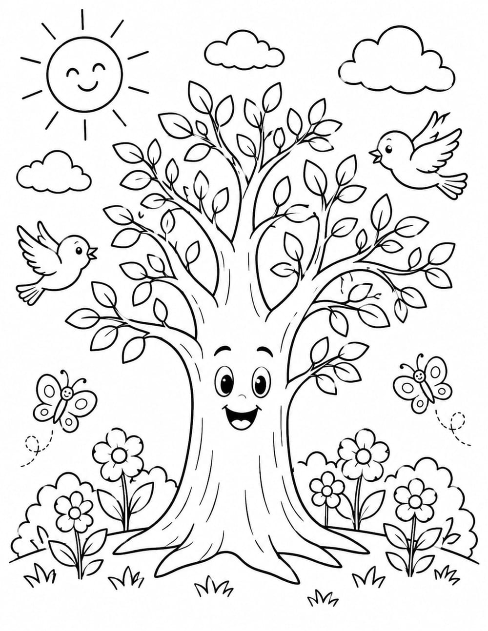 Birds Around Spring Tree printable preview