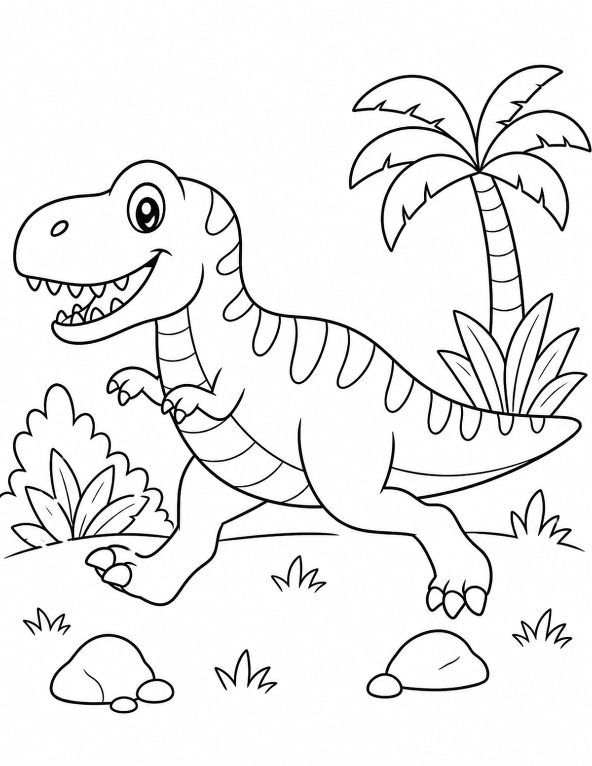 Smiling T-Rex with Rocks and Palms printable preview
