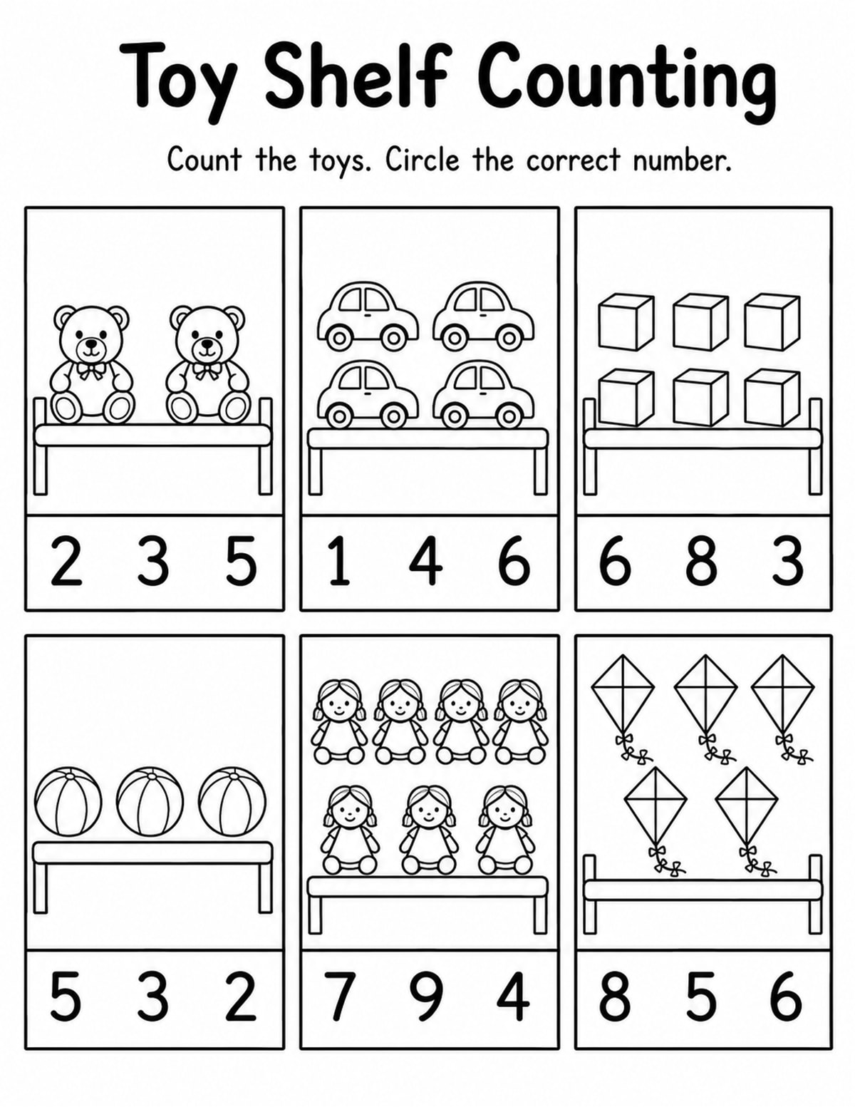 Toy Shelf Count and Circle Worksheet printable preview