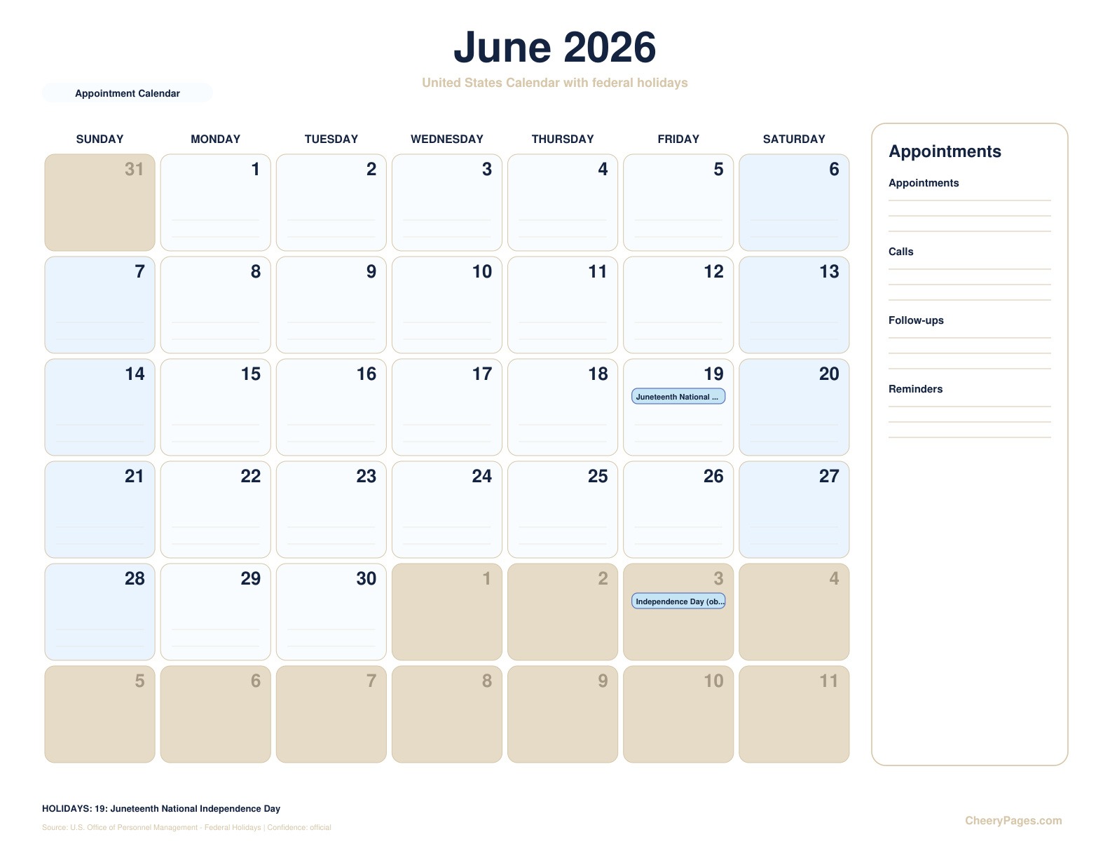 United States June 2026 Calendar - Appointment Calendar printable preview