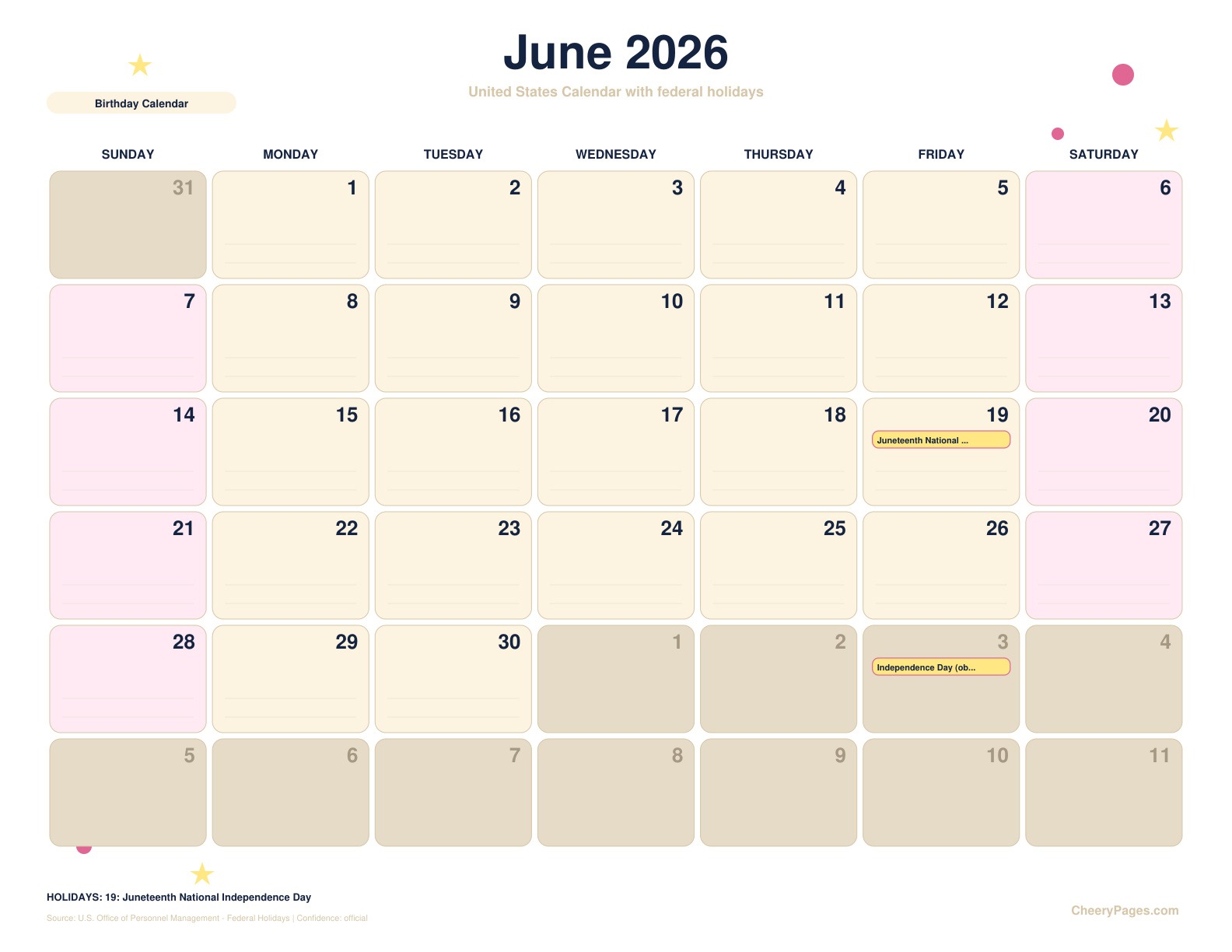 United States June 2026 Calendar - Birthday Calendar printable preview