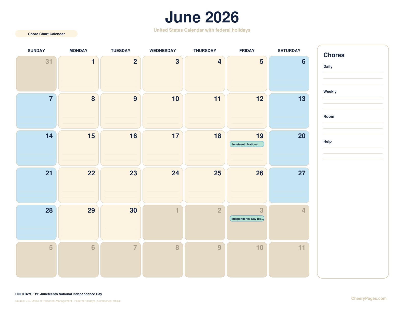 United States June 2026 Calendar - Chore Chart Calendar printable preview