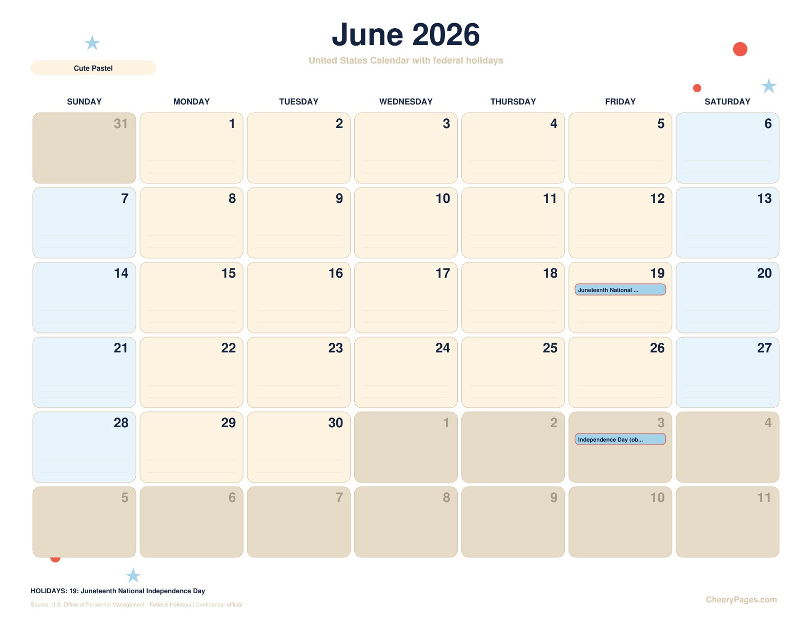 United States June 2026 Calendar - Cute Pastel printable preview