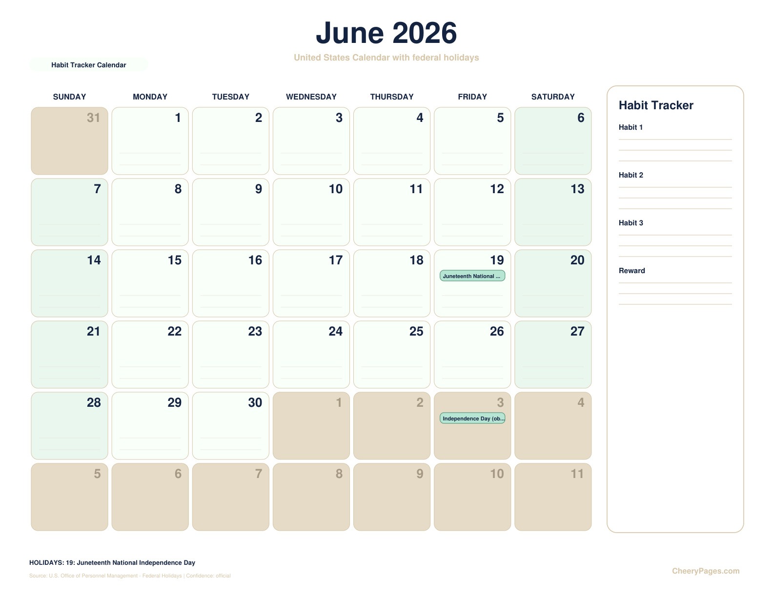 United States June 2026 Calendar - Habit Tracker Calendar printable preview