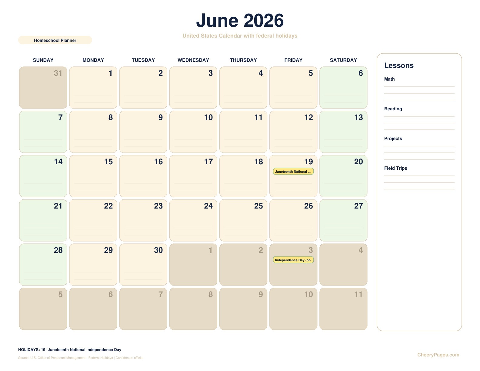 United States June 2026 Calendar - Homeschool Planner printable preview