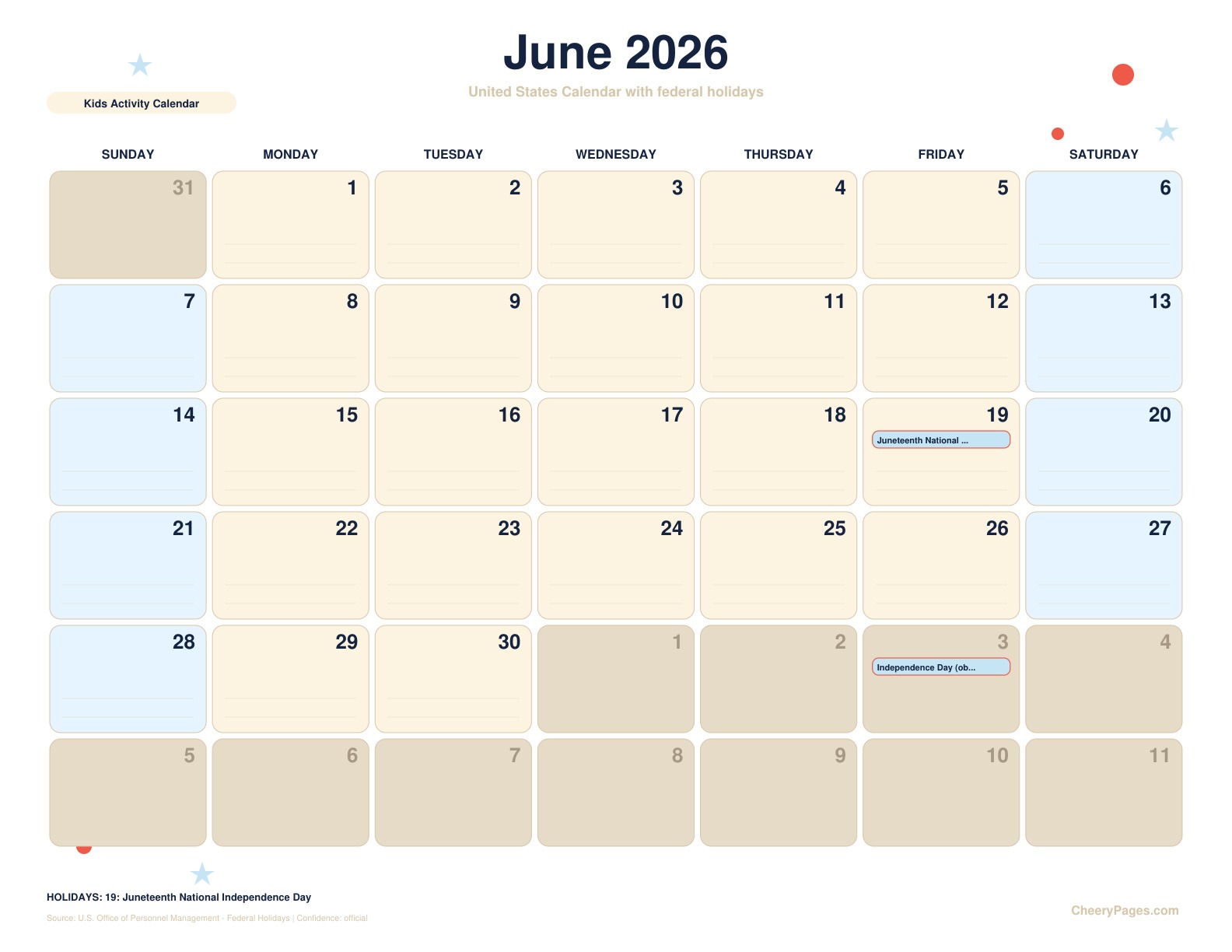 United States June 2026 Calendar - Kids Activity Calendar printable preview