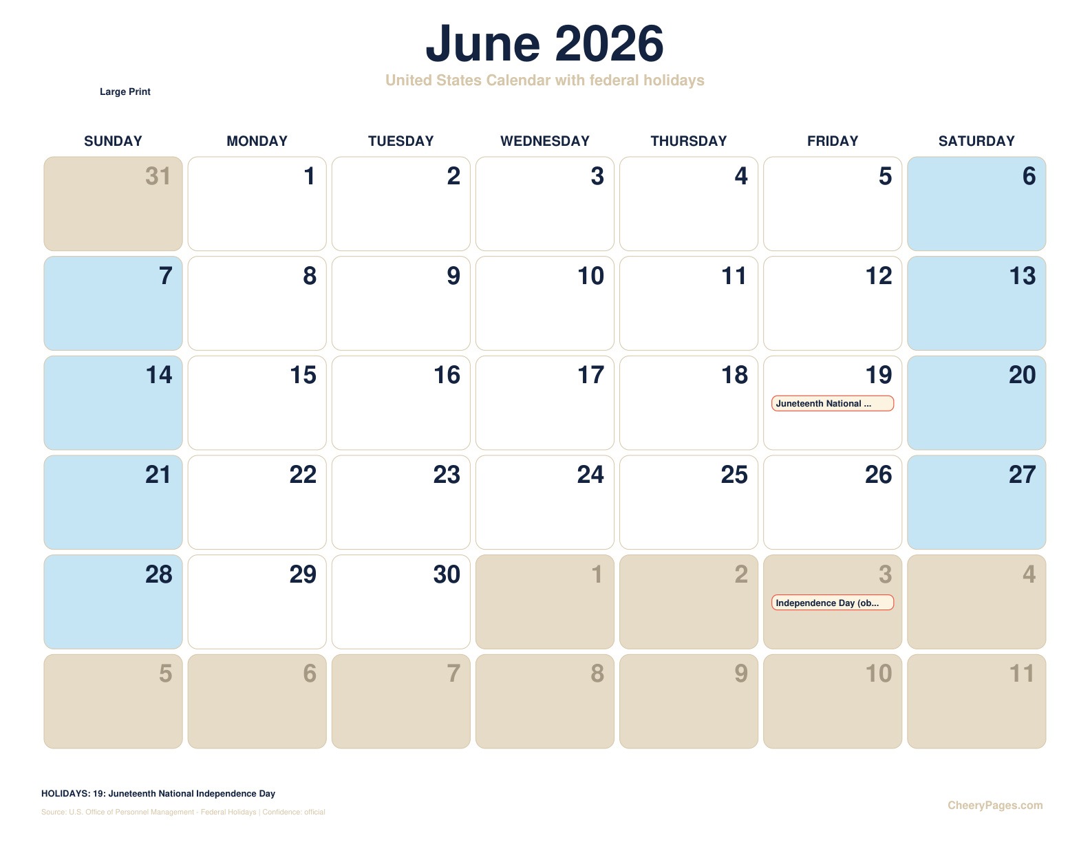 United States June 2026 Calendar - Large Print printable preview