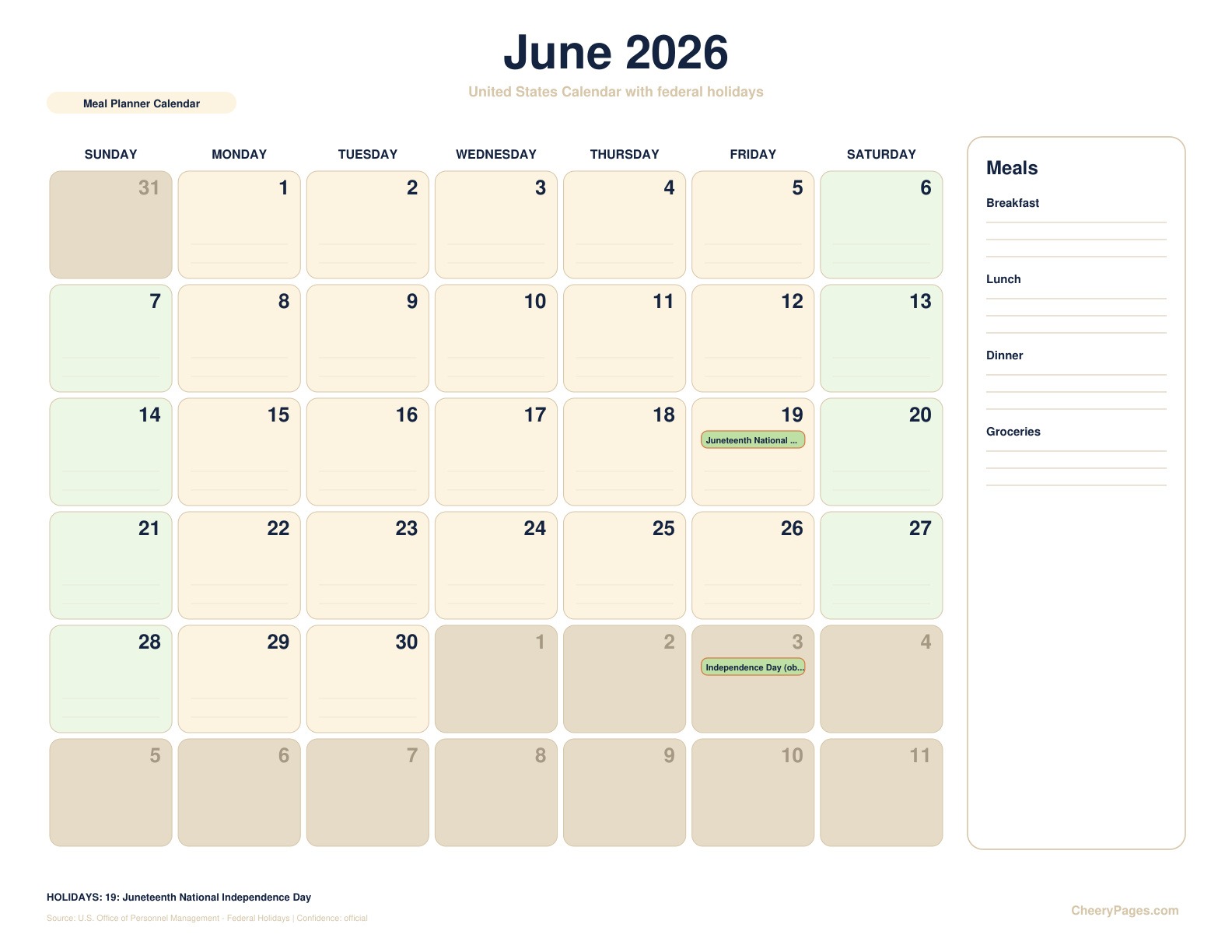 United States June 2026 Calendar - Meal Planner Calendar printable preview