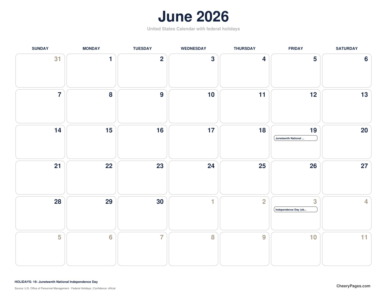 United States June 2026 Calendar - Minimal Ink printable preview