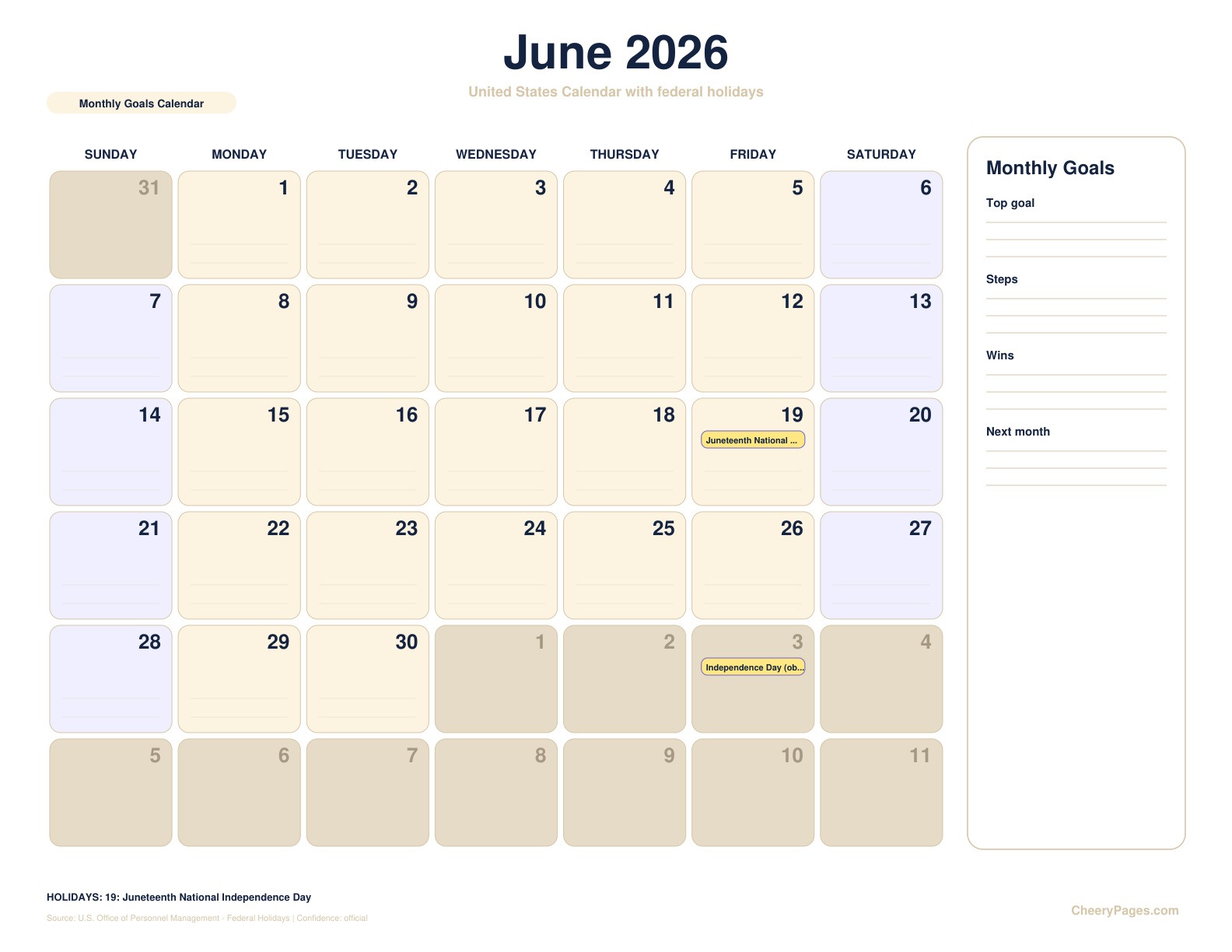 United States June 2026 Calendar - Monthly Goals Calendar printable preview