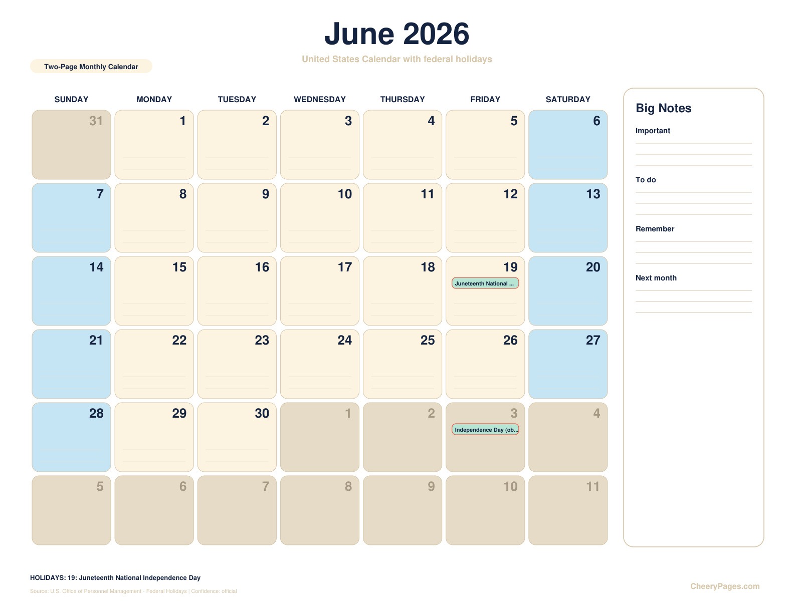 United States June 2026 Calendar - Two-Page Monthly Calendar printable preview