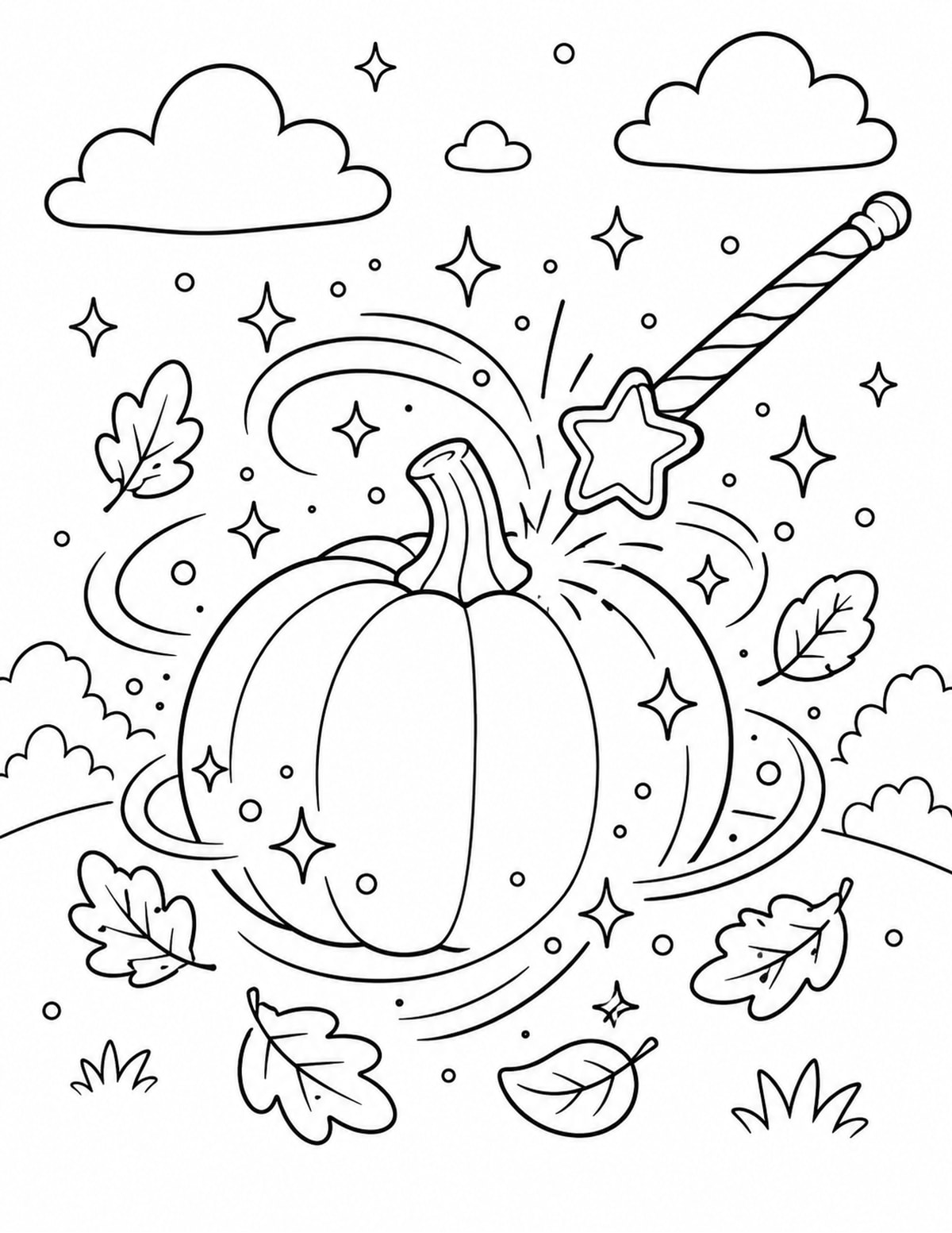 Wand Touching a Pumpkin and Turning It Magical printable preview