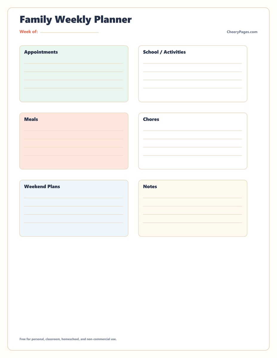 Family Weekly Planner printable preview