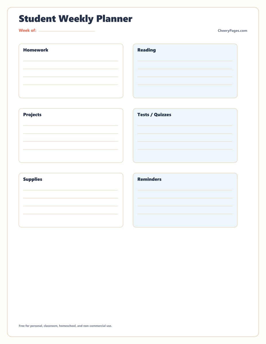 Student Weekly Planner printable preview