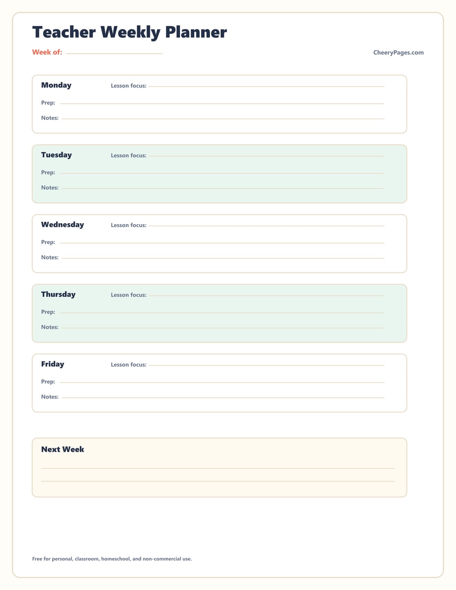 Teacher Weekly Planner printable preview