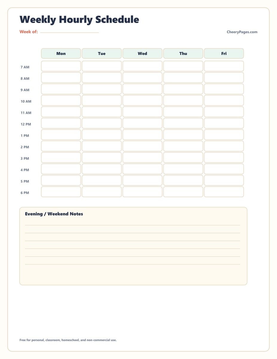Weekly Hourly Schedule printable preview