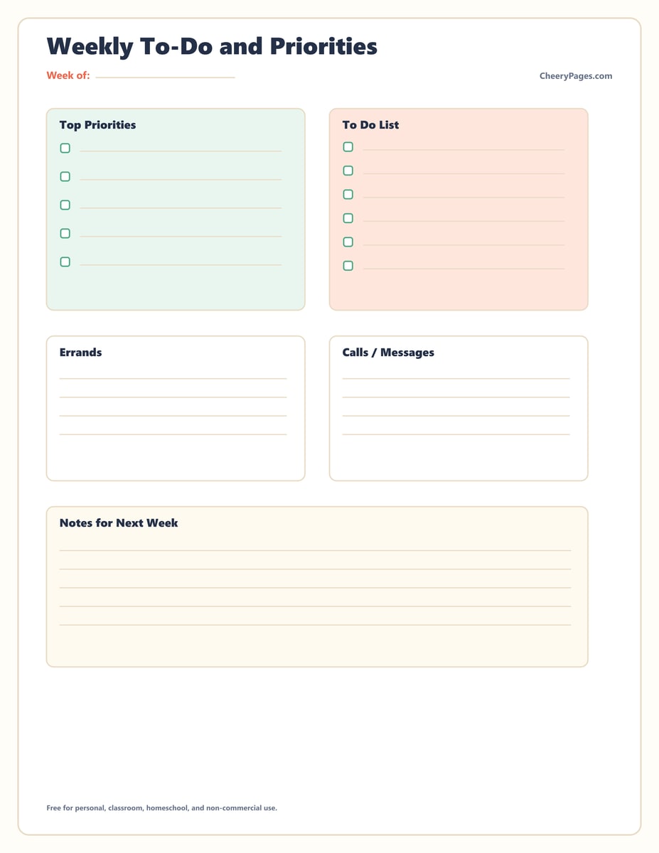 Weekly To-Do and Priorities printable preview