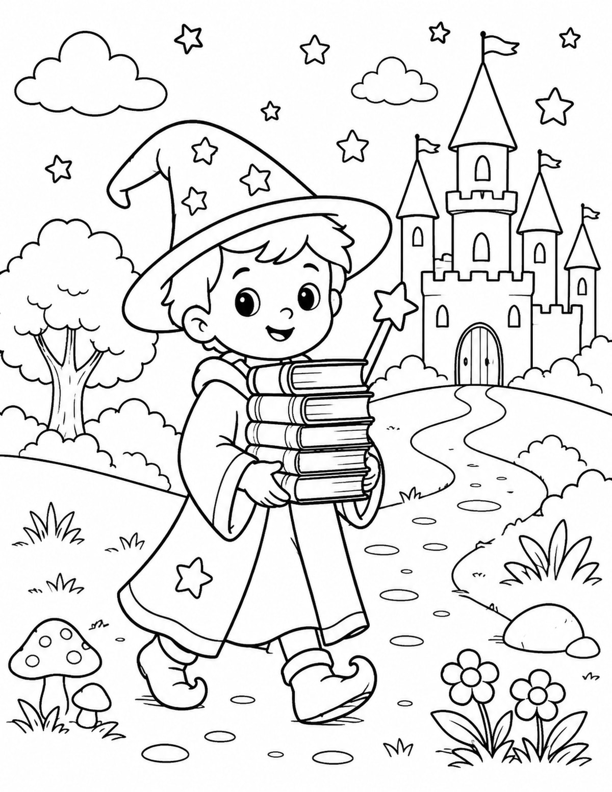Wizard Apprentice Carrying Books with Wand printable preview