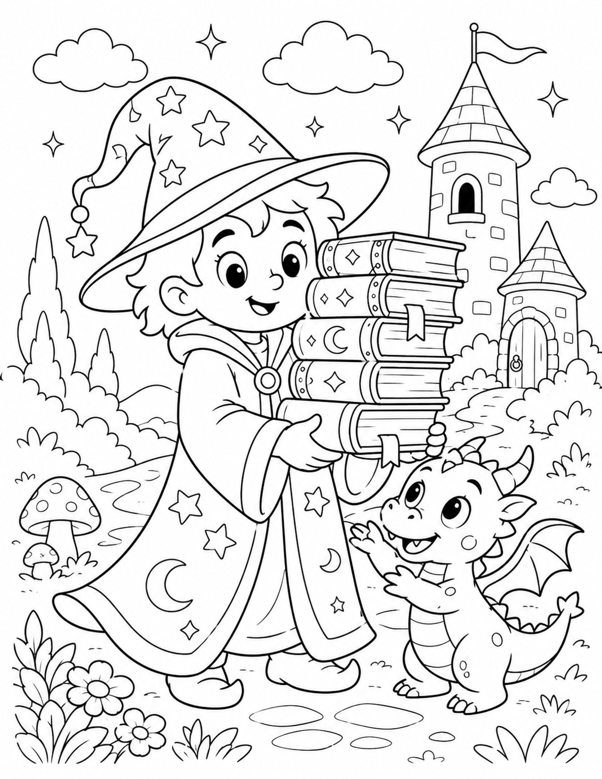 Wizard Carrying a Stack of Spell Books printable preview