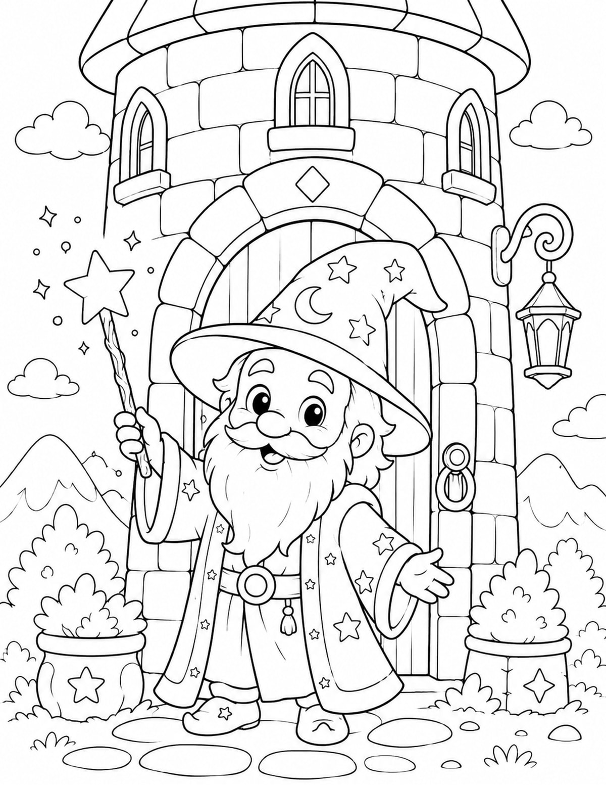 Wizard Holding a Wand While Standing at the Door of a Magical Tower printable preview