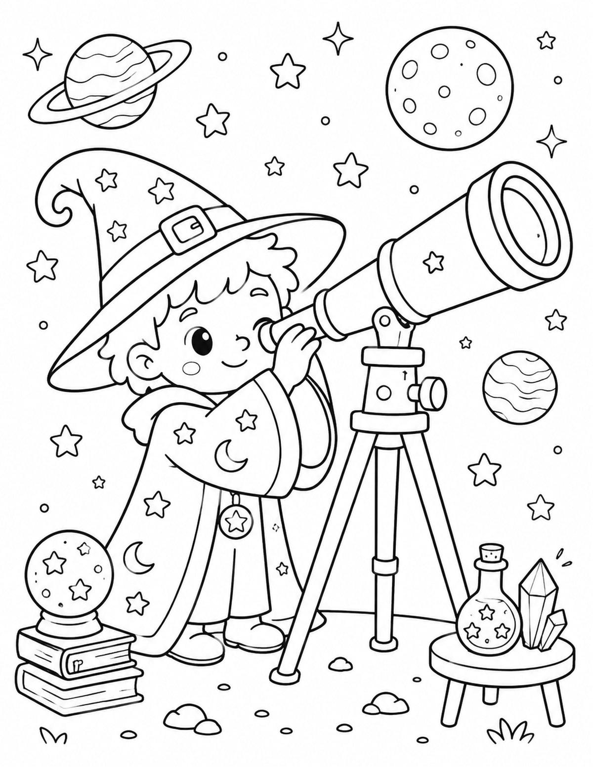 Wizard Looking Through a Telescope at Planets and Stars printable preview