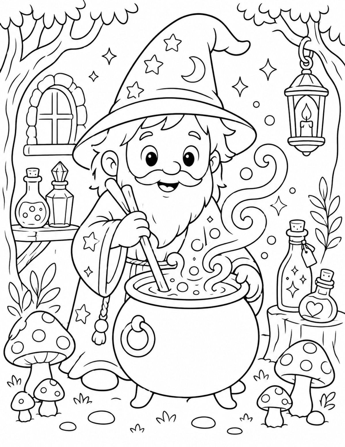 Wizard Mixing a Potion in a Cauldron beside Mushrooms and Bottles printable preview