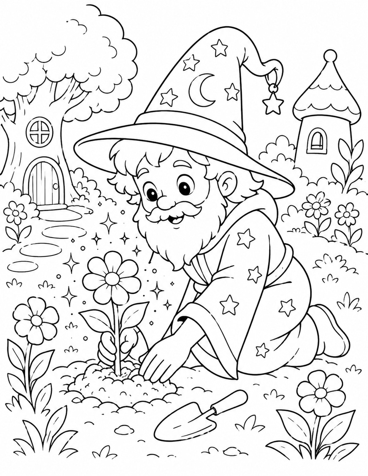 Wizard Planting Magical Flowers That Sparkle in a Garden printable preview