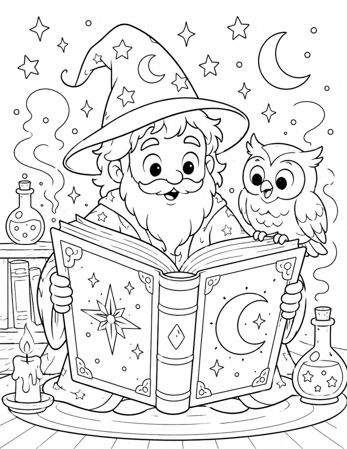 Wizard Reading a Giant Magic Book printable preview