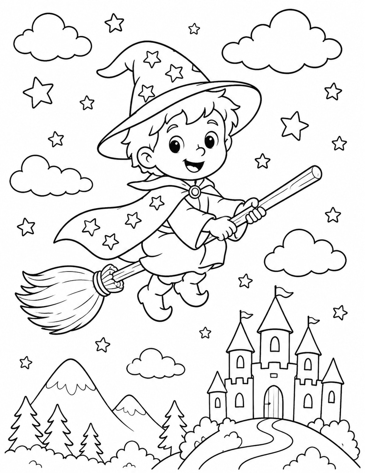 Wizard Riding a Broom Through a Sky Filled printable preview