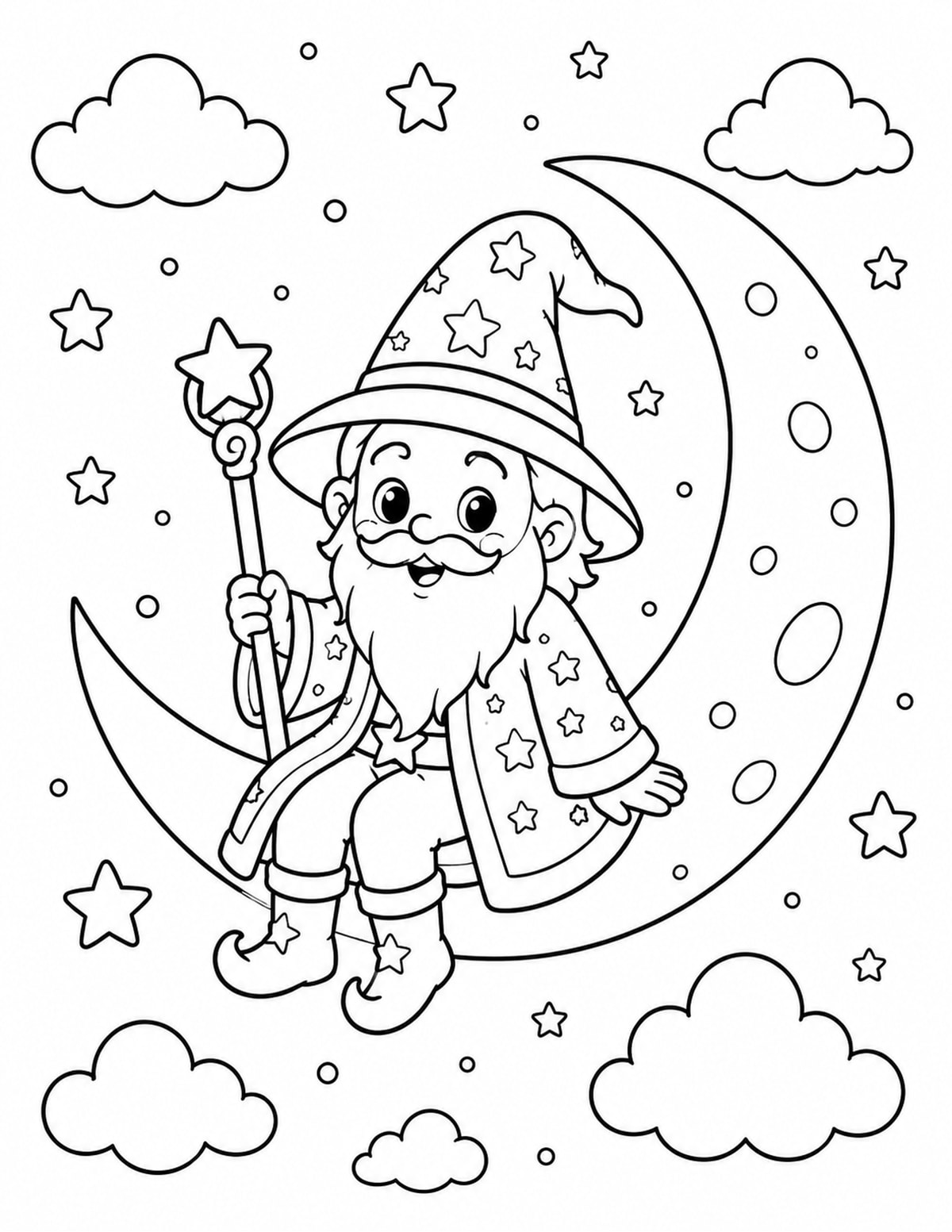 Wizard Sitting on a Crescent Moon printable preview