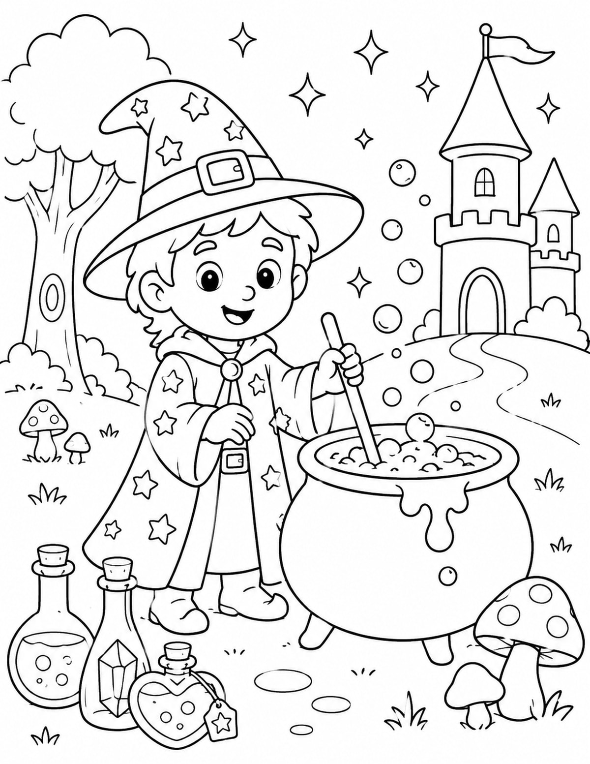 Wizard Standing beside a Bubbling Cauldron printable preview