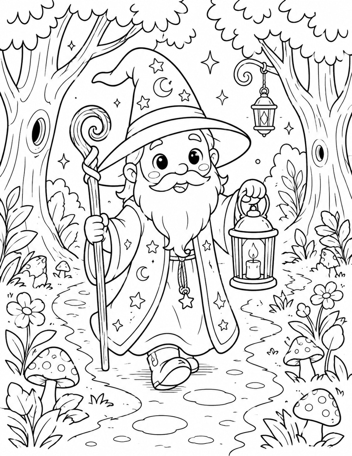 Wizard Walking Through an Enchanted Forest printable preview