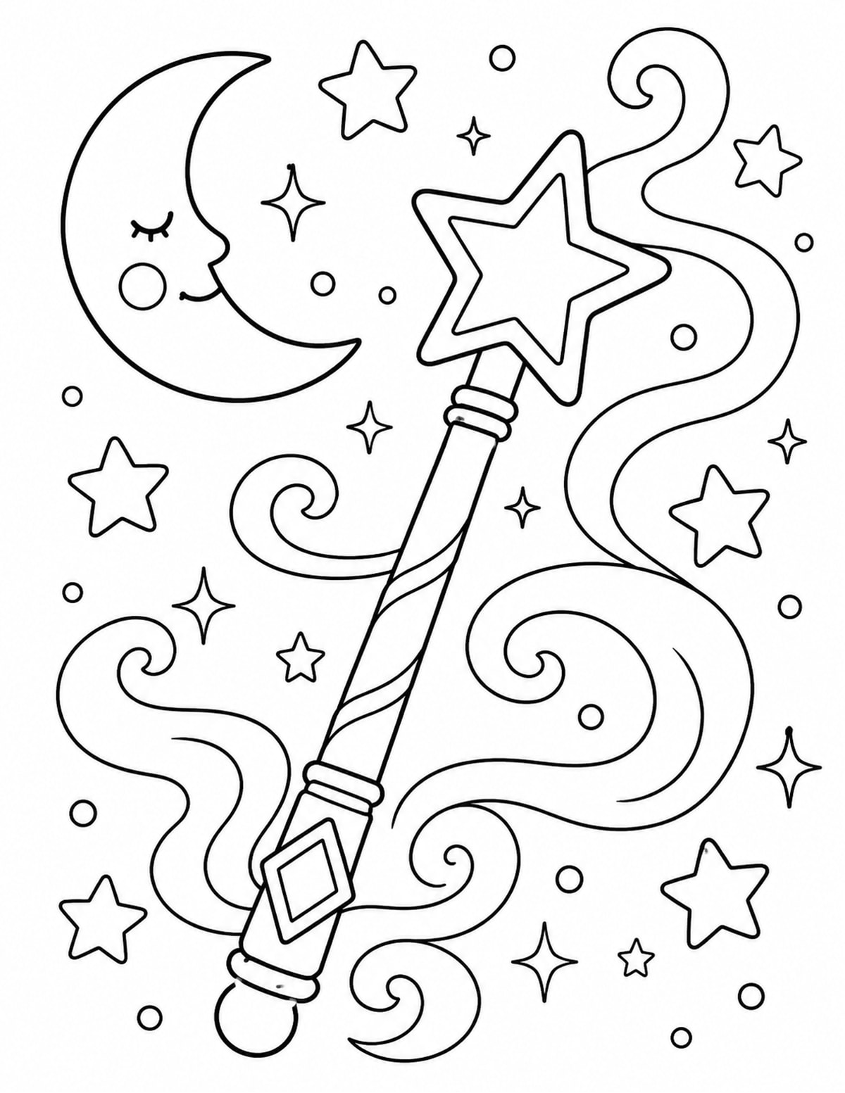 Wizard Wand with Moon printable preview