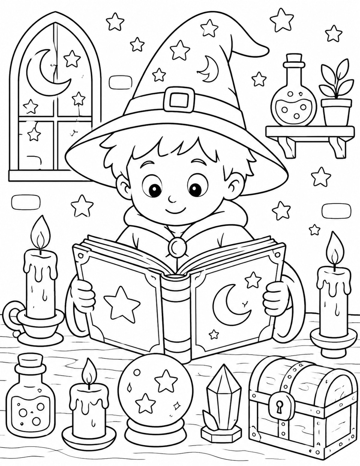 Young Wizard Reading a Spell Book printable preview