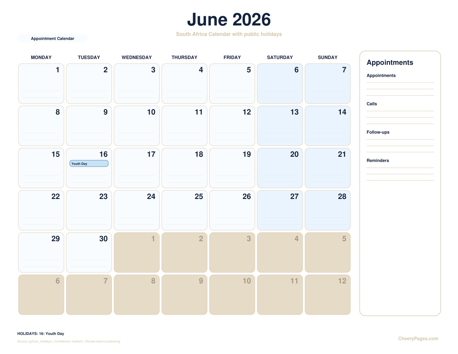 South Africa June 2026 Calendar - Appointment Calendar printable preview