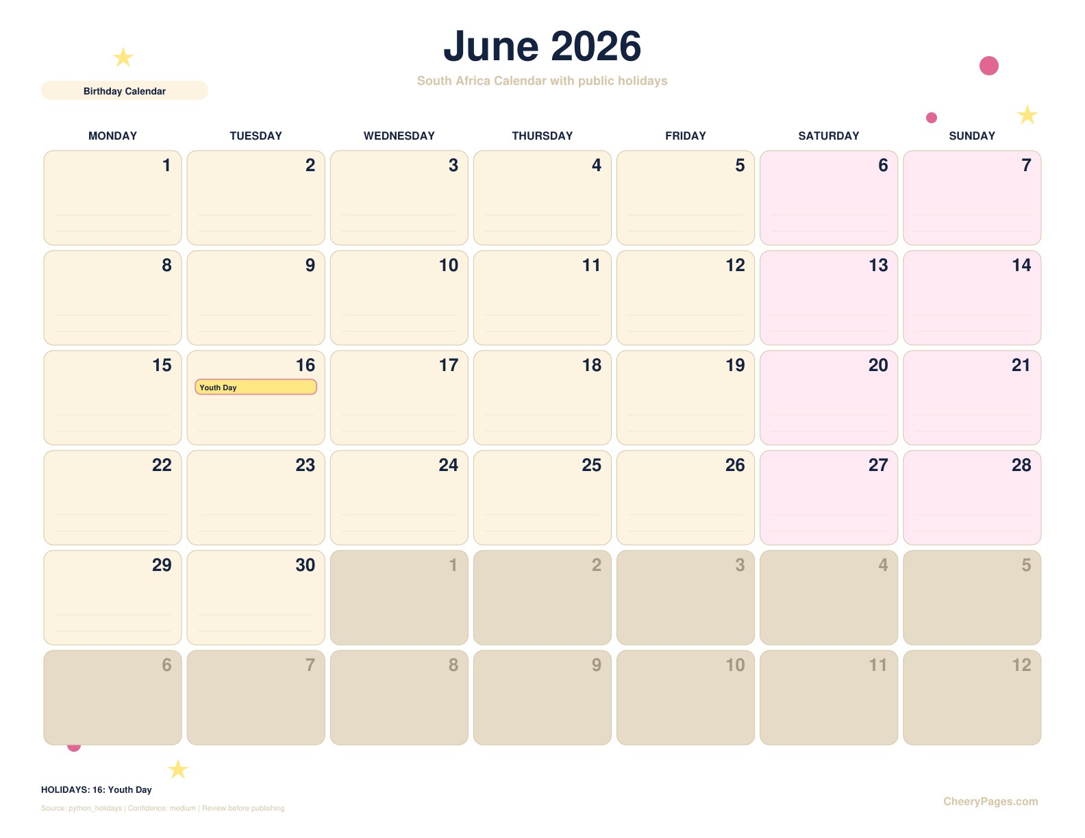 South Africa June 2026 Calendar - Birthday Calendar printable preview